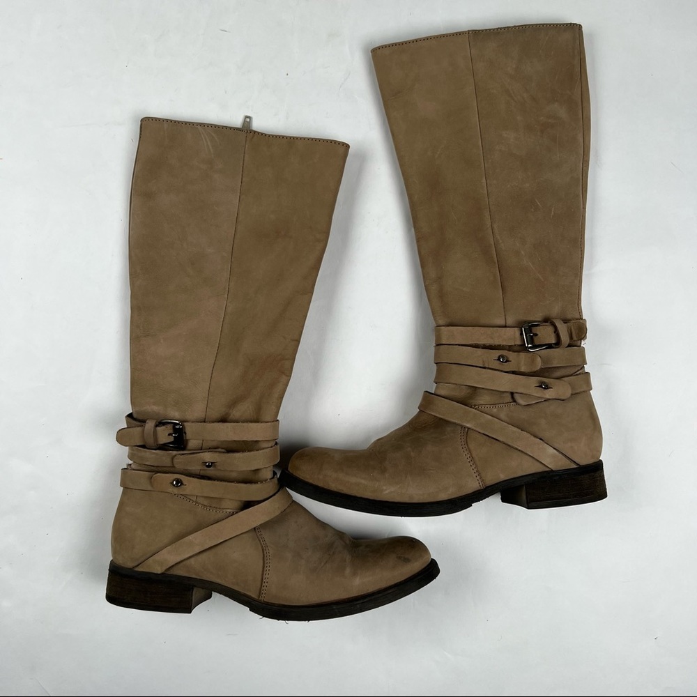 Steve Madden - Adriian Boot - Tan Low Heel Riding Boots w/ Wrap Around Buckle